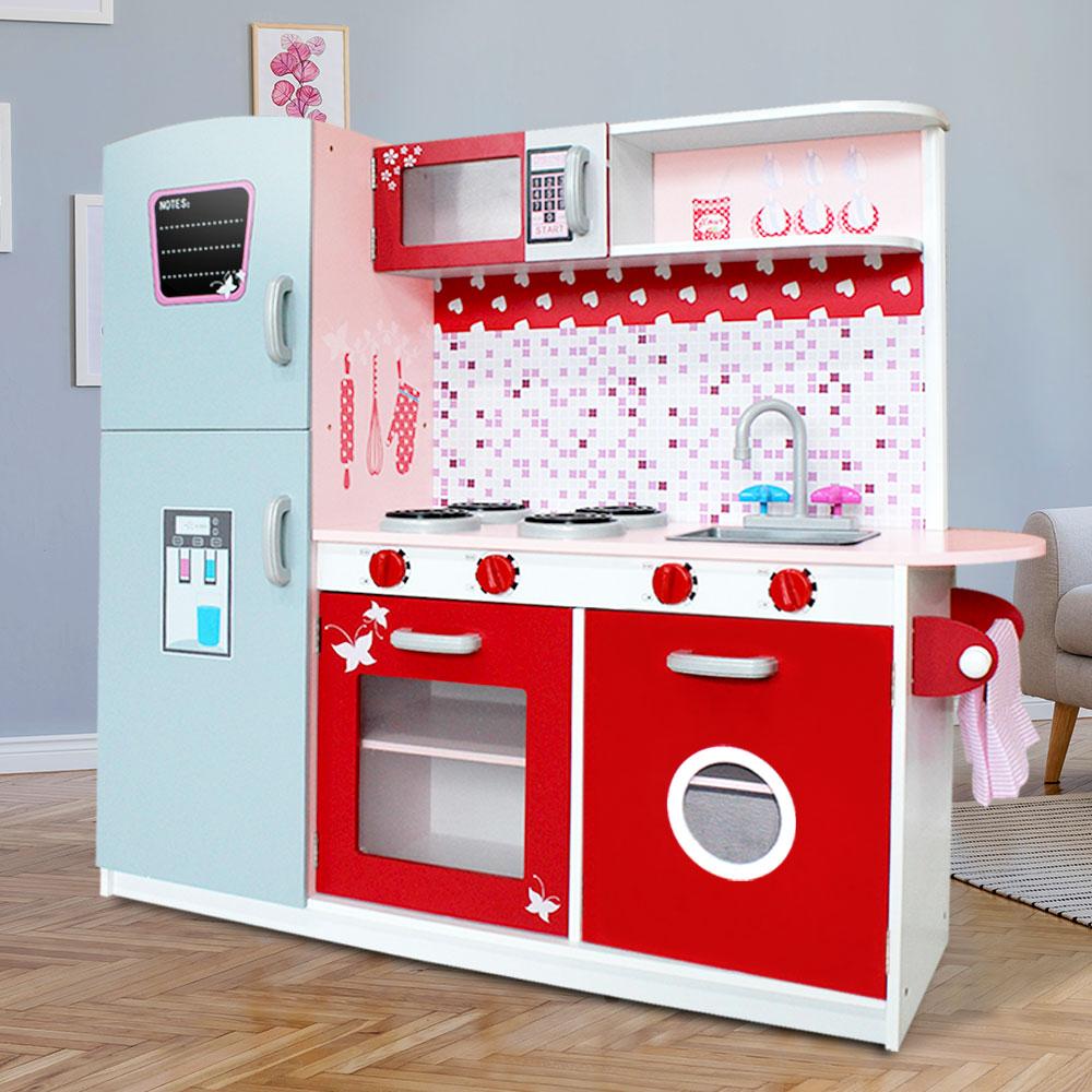 Keezi Kids Kitchen Set featuring a colorful wooden play kitchen with oven, microwave, and fridge, designed for pretend cooking play.